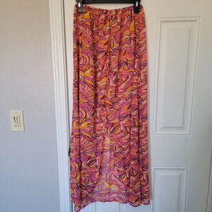 H & M Sheer Full Slit Maxi Skirt Swim Cover Up Pink Orange Tropical Size Small